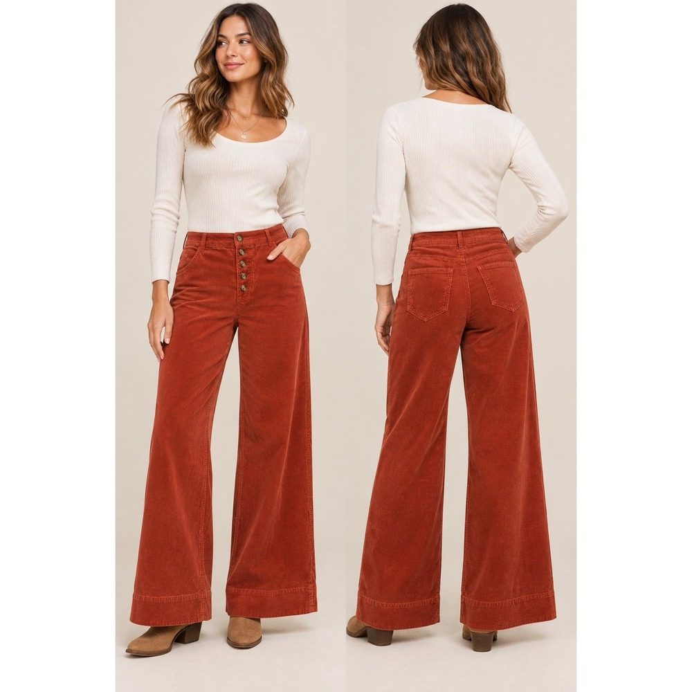 Pilcro Anthropologie Corduroy Wide Leg Pants 26 Rust Button Fly High Rise